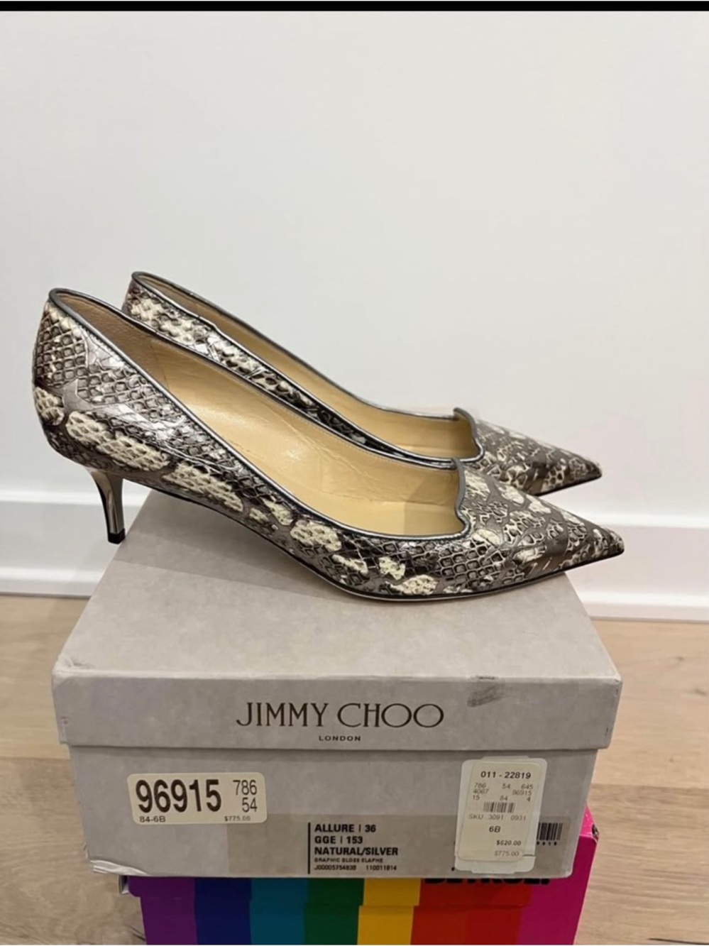 Jimmy Choo Natural and Silver Snakeskin Pointed Toe Kitten Heels sz 36 / 6 US